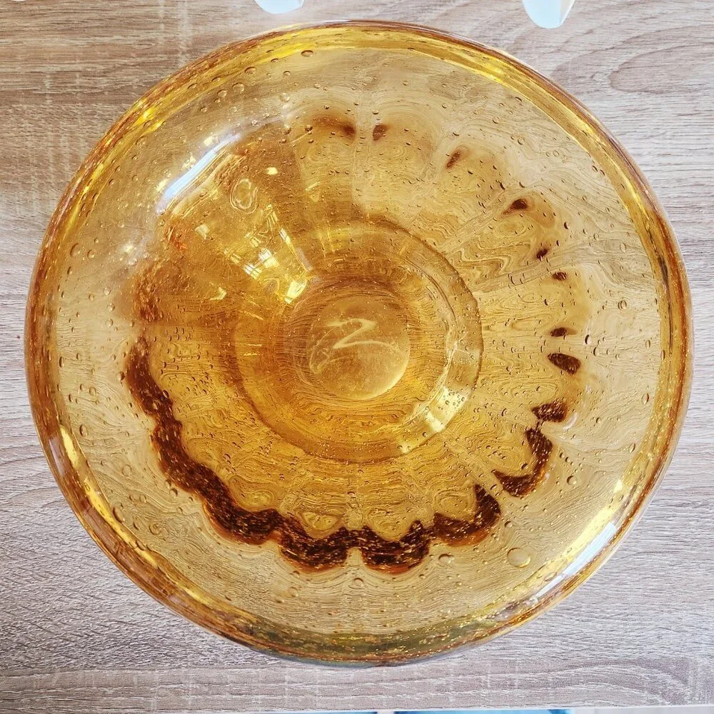 Vintage Hand Blown Art Rolled Edge Amber & Clear Bubble Glass Bowl Mid Century